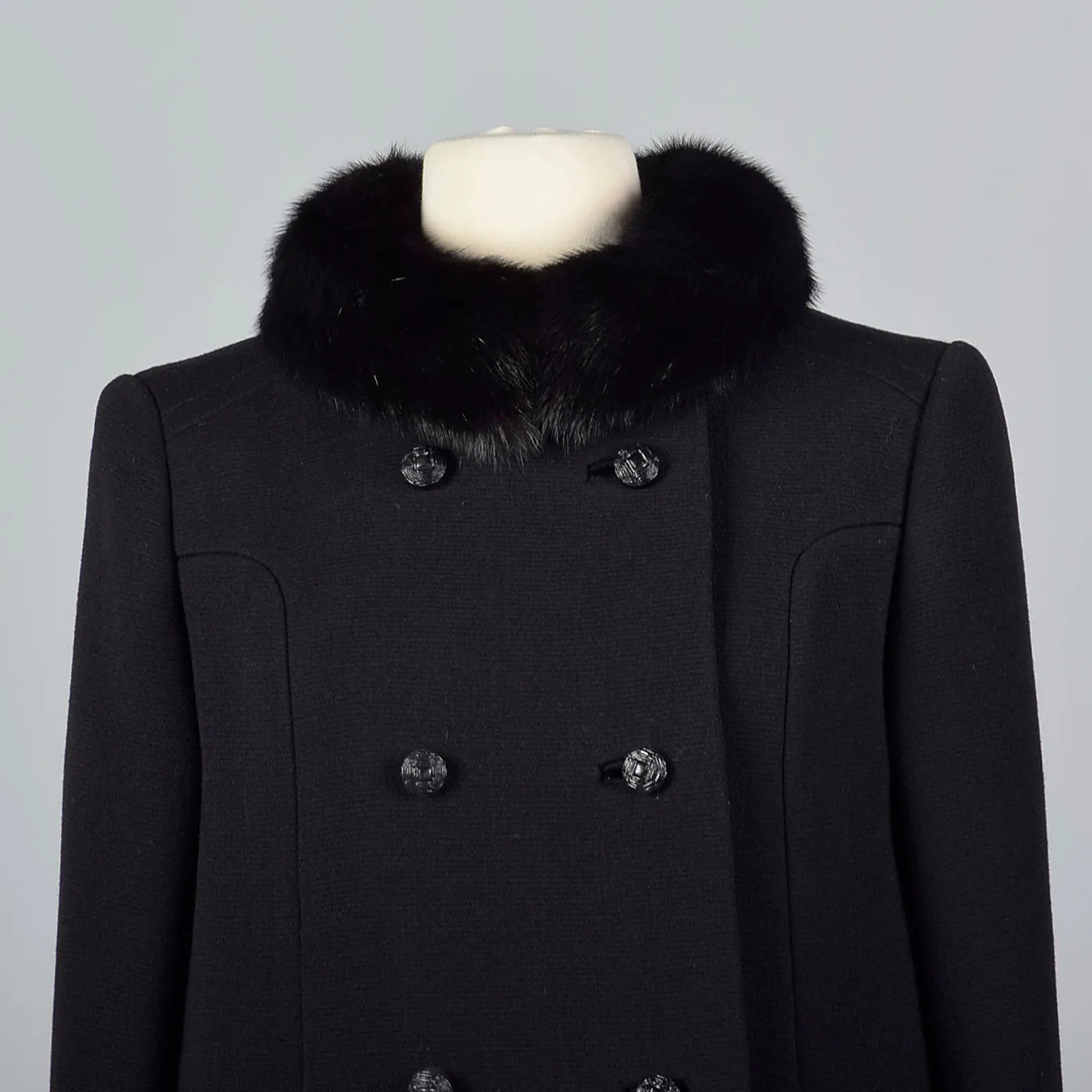 1960s Black Double Breasted Coat with Mink Collar