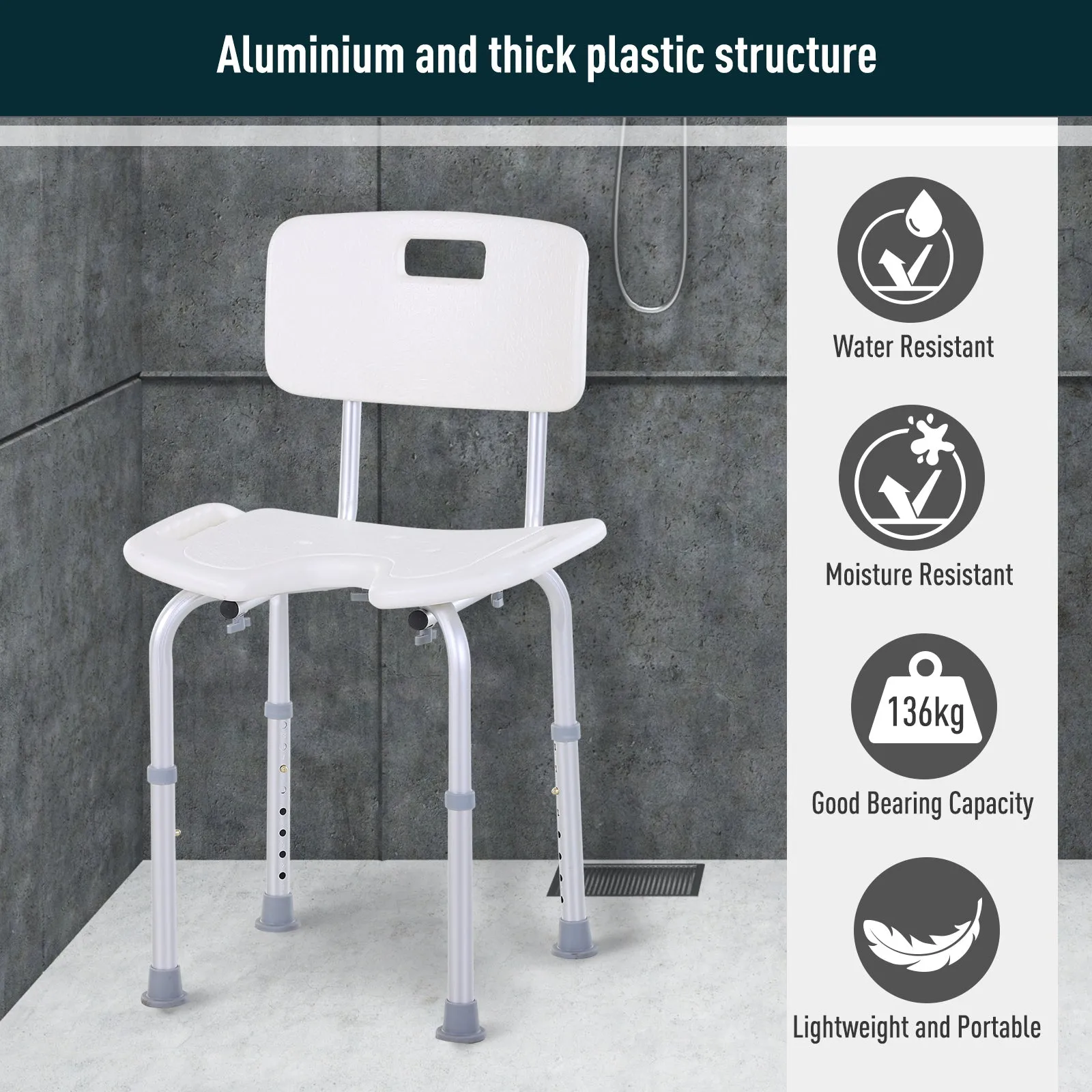 8-Level Height Adjustable Bath Stool Spa Shower Chair Aluminum w/ Non-Slip Feet and Handle, Load Capacity 136kg