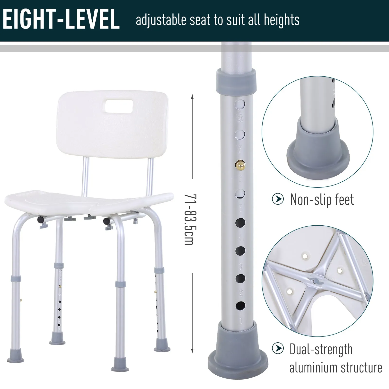 8-Level Height Adjustable Bath Stool Spa Shower Chair Aluminum w/ Non-Slip Feet and Handle, Load Capacity 136kg