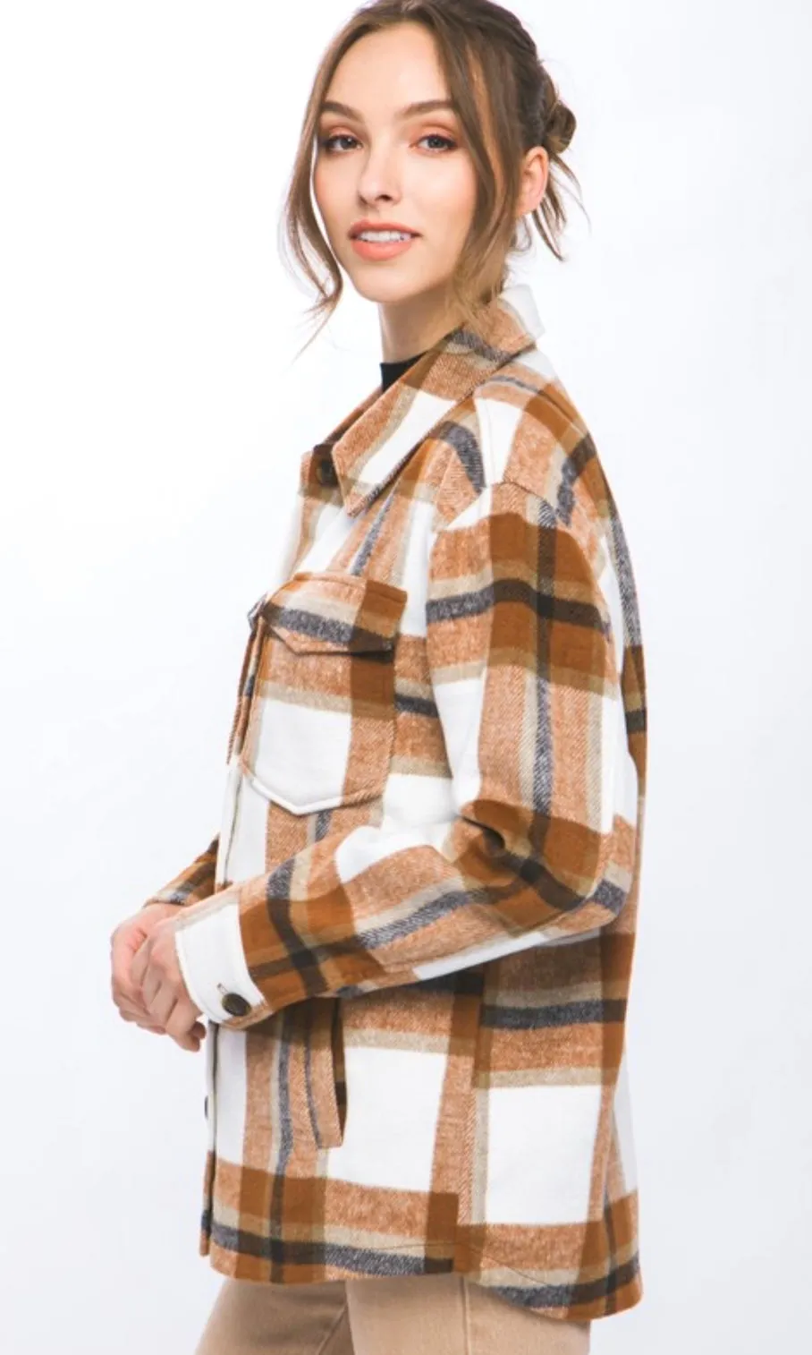 Afara Clay  Plaid Side Pocket Shirt Jacket