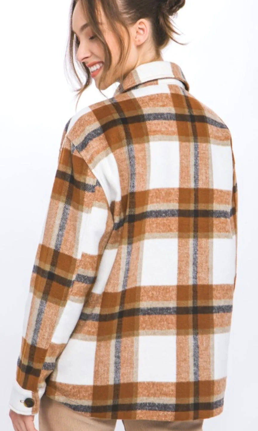 Afara Clay  Plaid Side Pocket Shirt Jacket