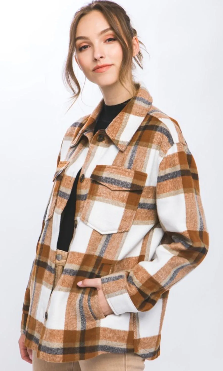Afara Clay  Plaid Side Pocket Shirt Jacket