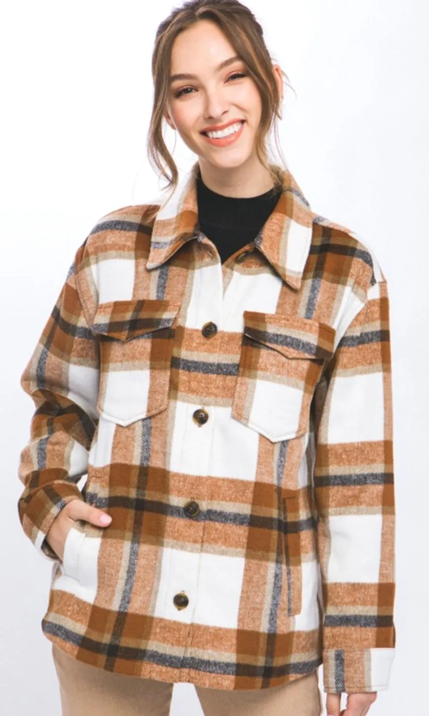 Afara Clay  Plaid Side Pocket Shirt Jacket
