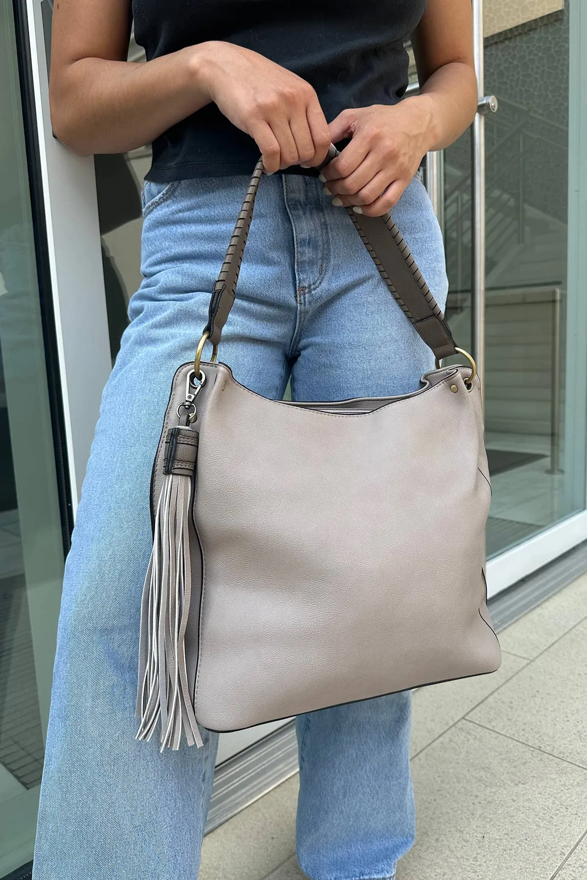 Amber Three Compartment Tassel Hobo Bag