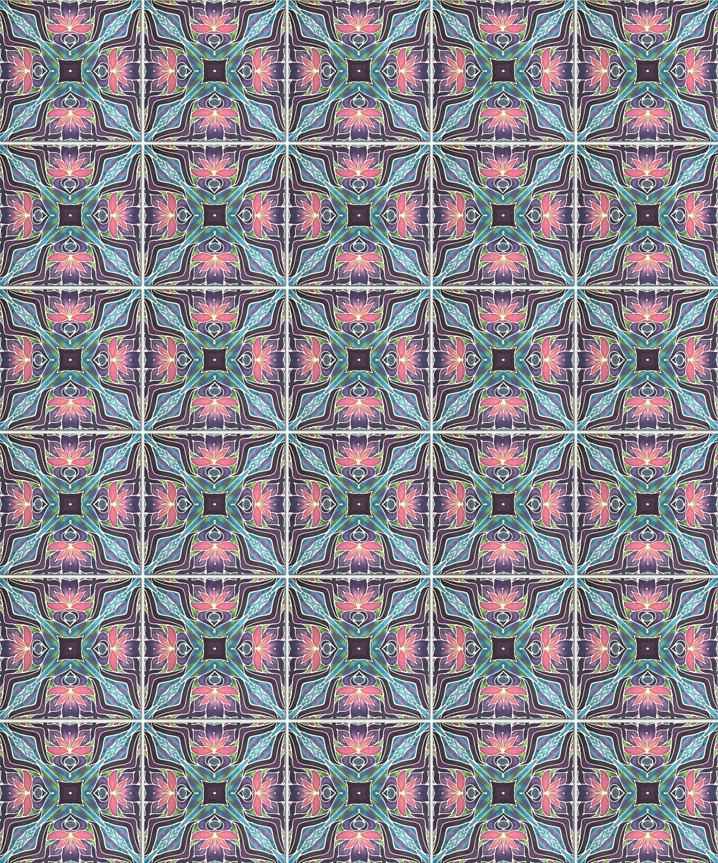 Art Deco Purple Iris Floor Tiles - 20x20cm Interior and Exterior Non Slip