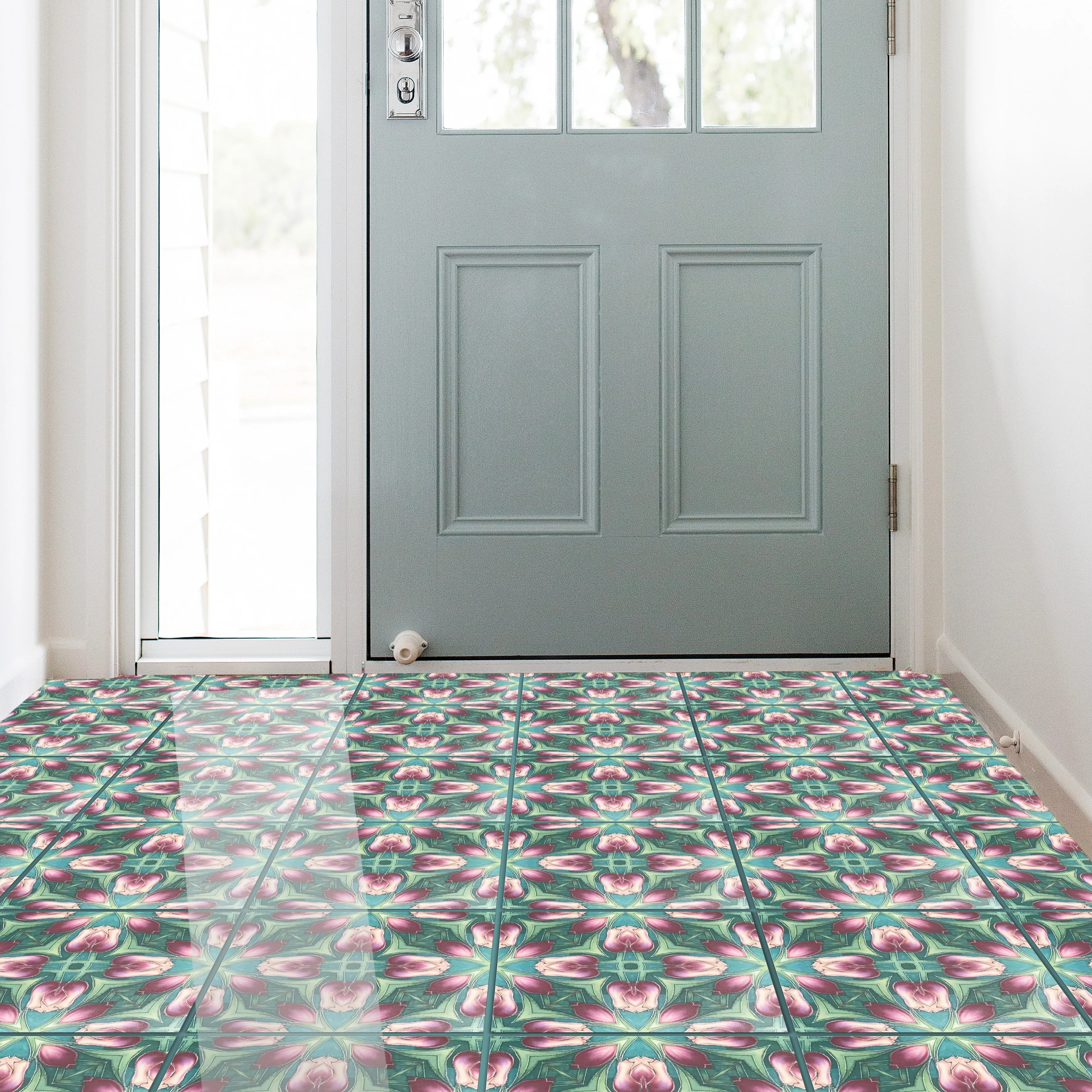Art Nouveau Pink and Green Tulip Floor Tiles - 20x20cm Interior and Exterior