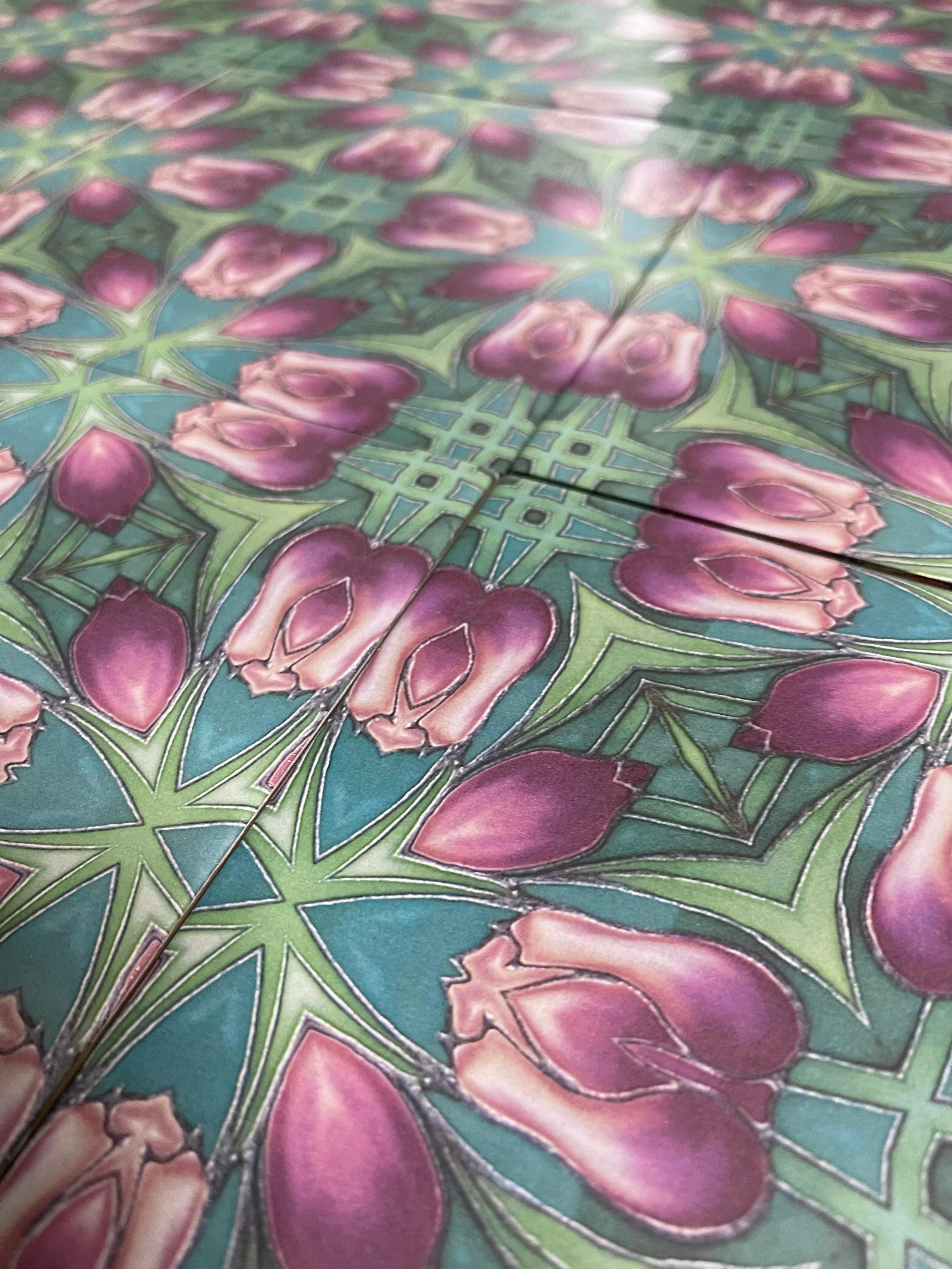 Art Nouveau Pink and Green Tulip Floor Tiles - 20x20cm Interior and Exterior