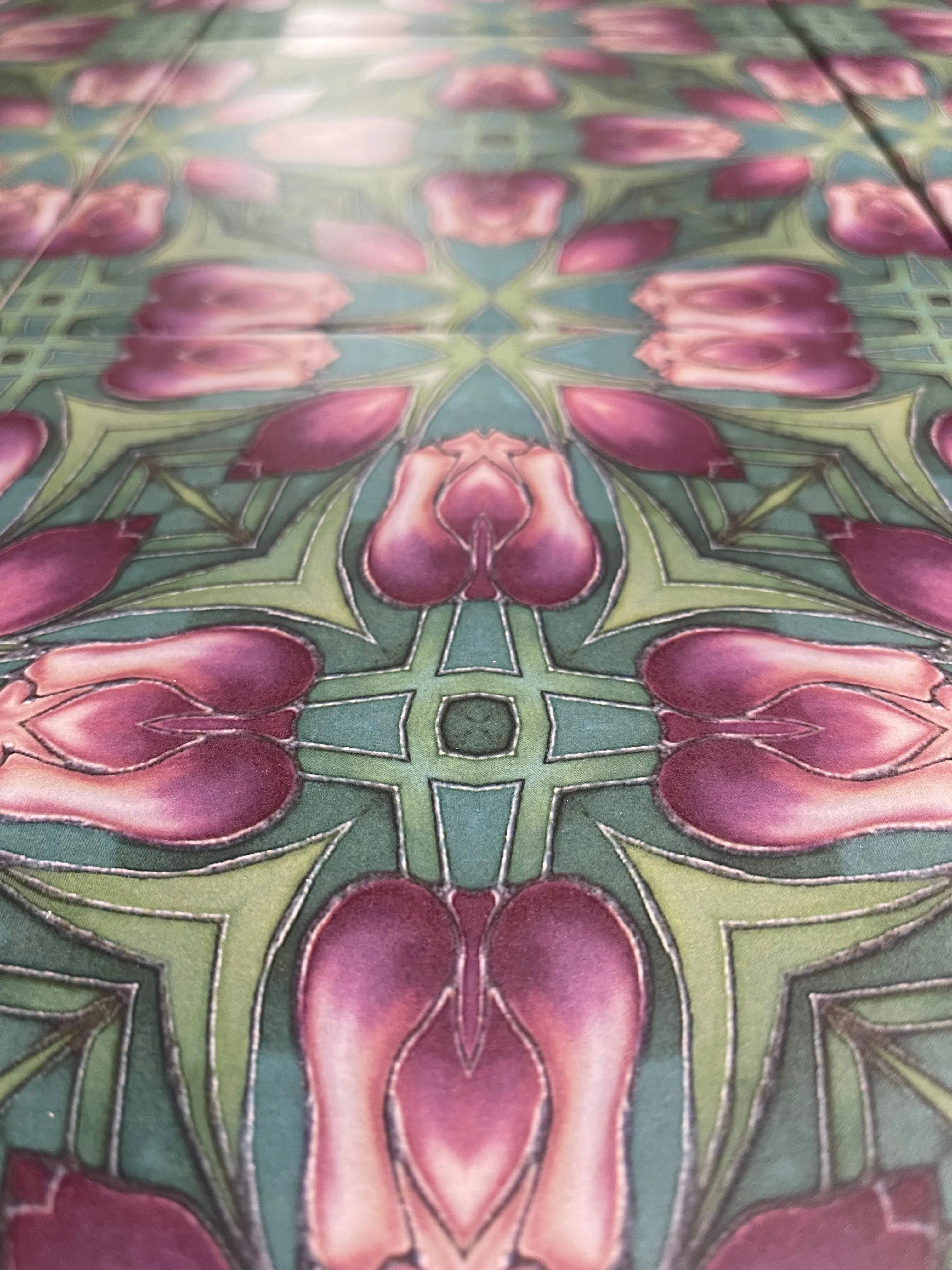 Art Nouveau Pink and Green Tulip Floor Tiles - 20x20cm Interior and Exterior