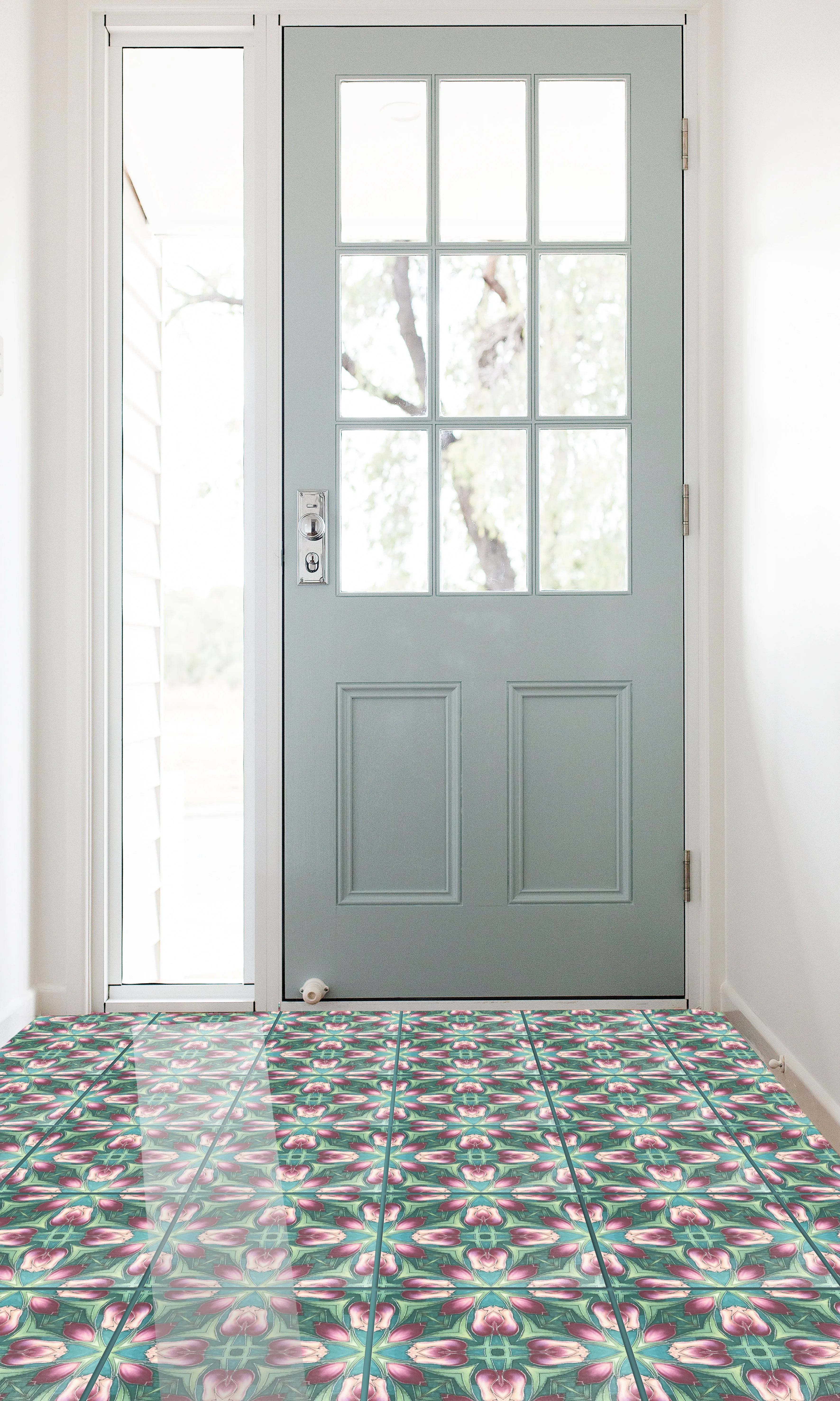 Art Nouveau Pink and Green Tulip Floor Tiles - 20x20cm Interior and Exterior
