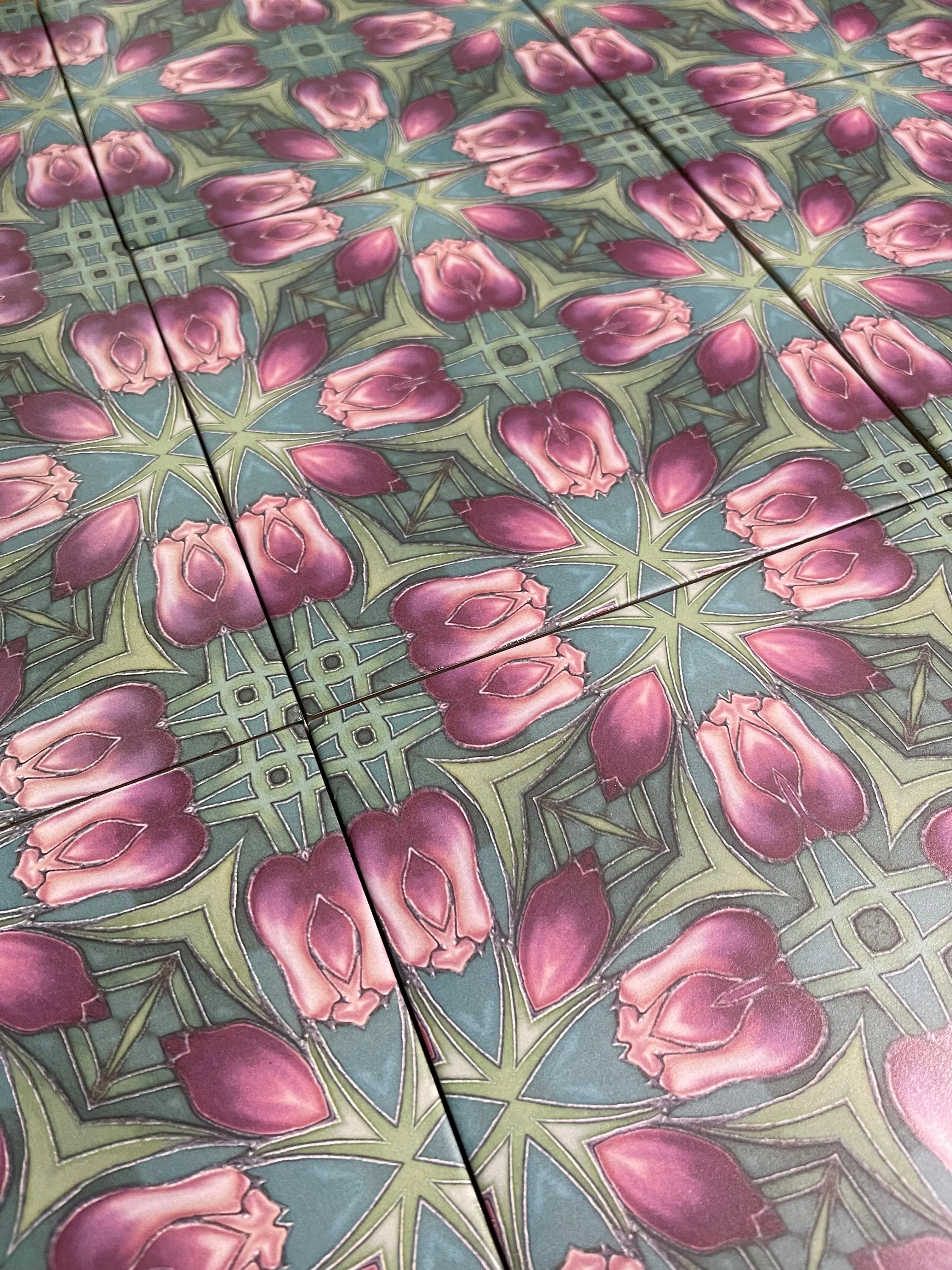 Art Nouveau Pink and Green Tulip Floor Tiles - 20x20cm Interior and Exterior
