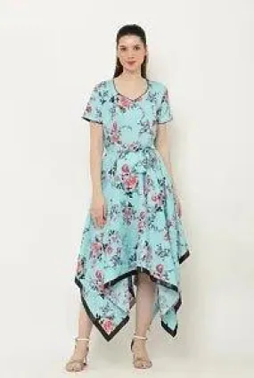 Beautiful Asymmetric Turquoise Floral Print Dress