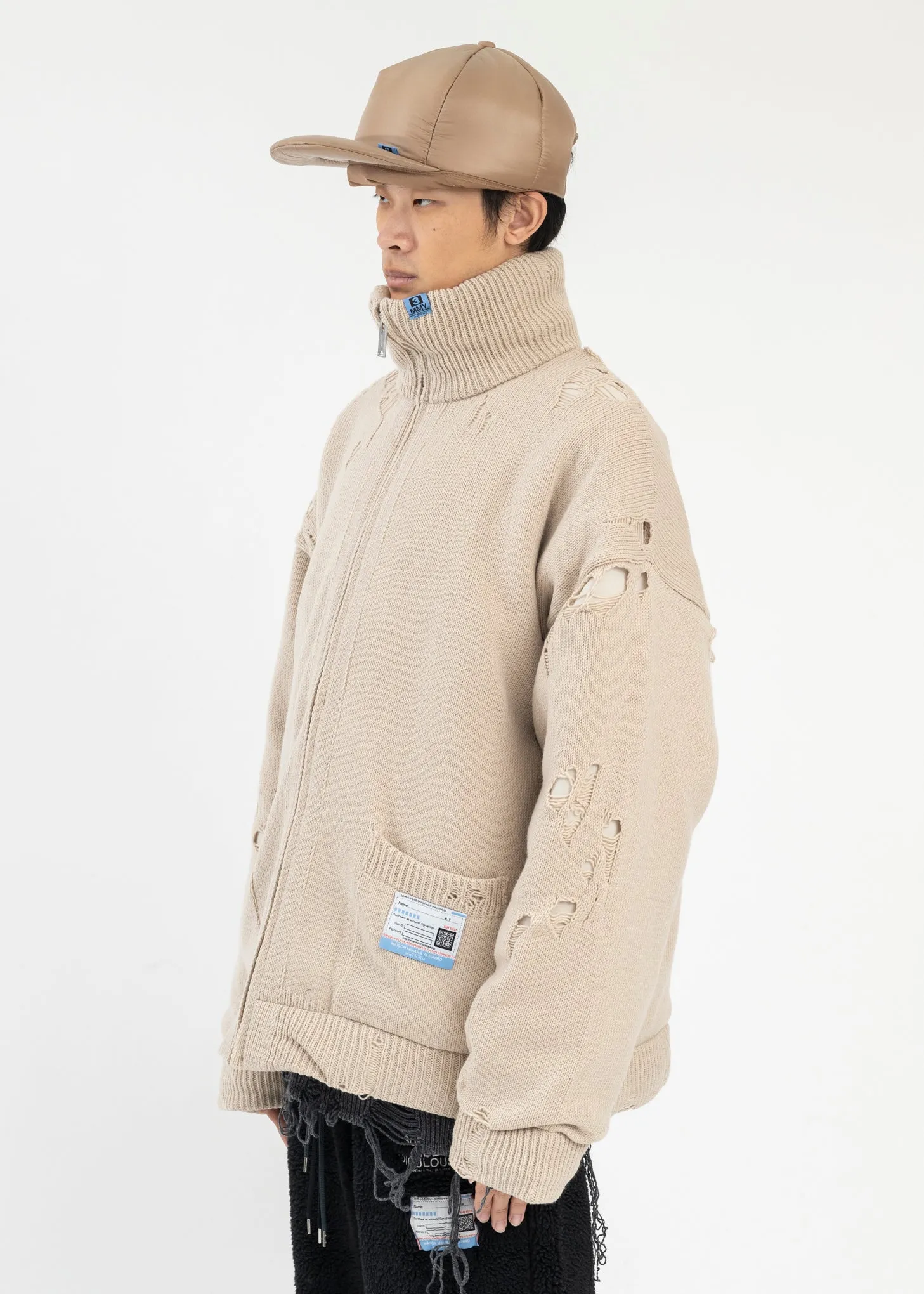 Beige Padded Zip Knit Cardigan