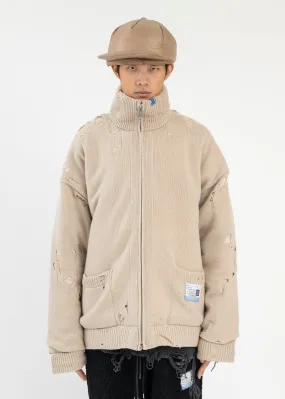 Beige Padded Zip Knit Cardigan