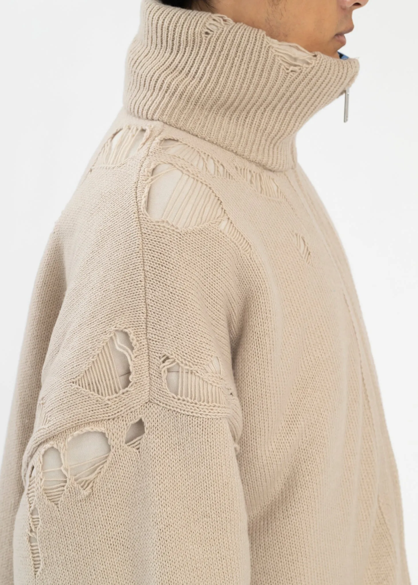 Beige Padded Zip Knit Cardigan