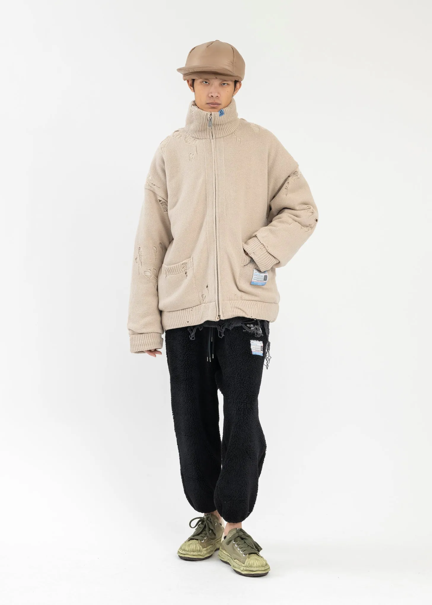 Beige Padded Zip Knit Cardigan