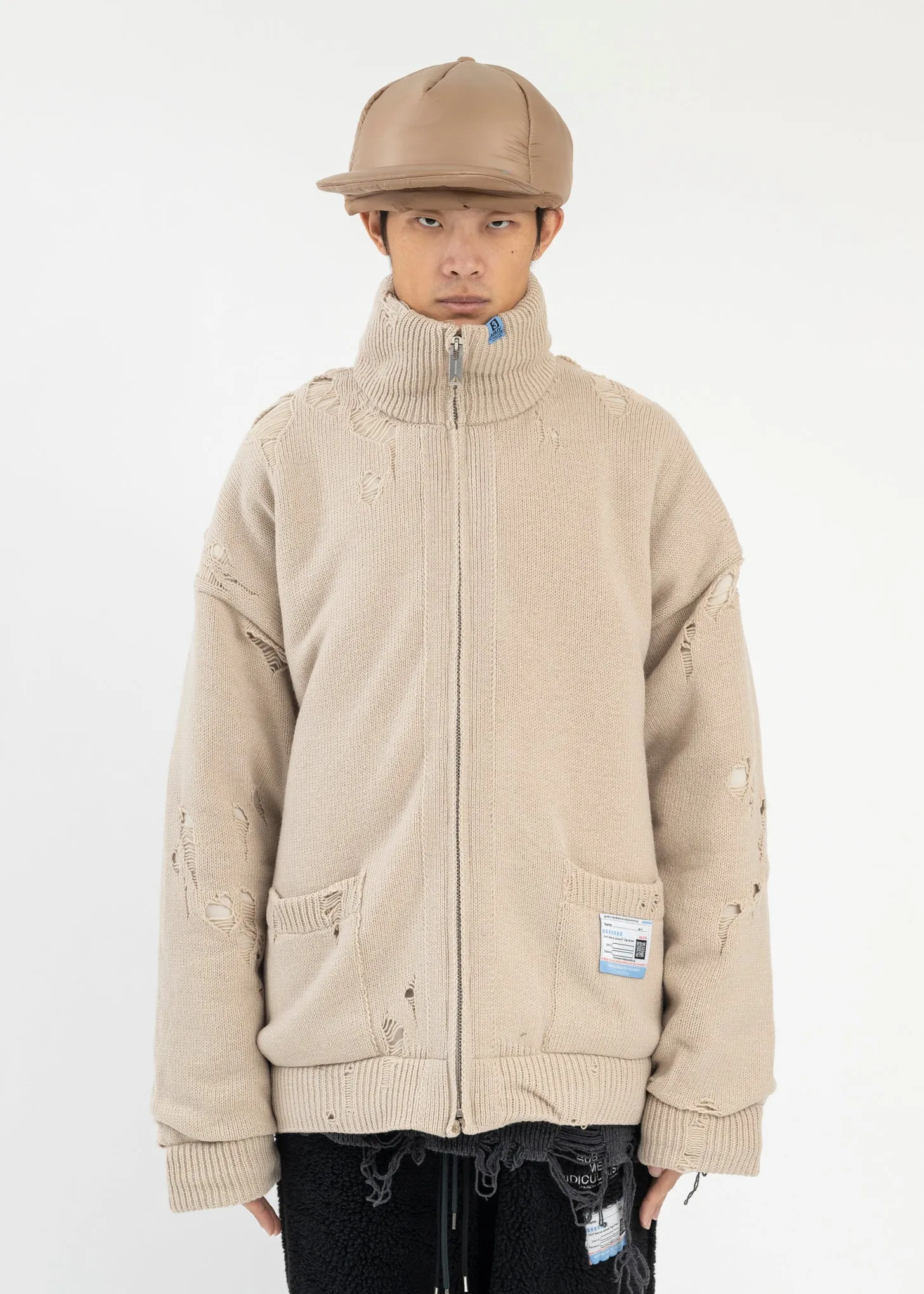 Beige Padded Zip Knit Cardigan
