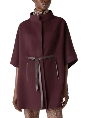 Belted Short Cape Coat with Mock Neck in Burgundy