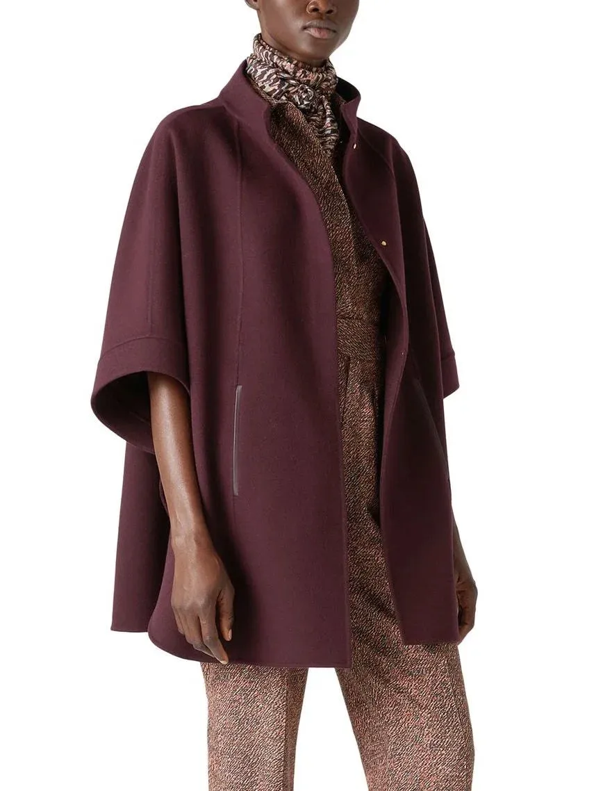 Belted Short Cape Coat with Mock Neck in Burgundy