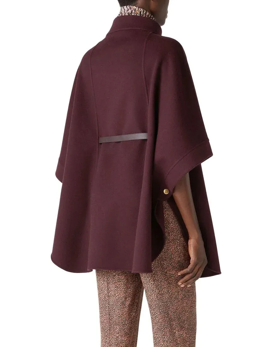 Belted Short Cape Coat with Mock Neck in Burgundy