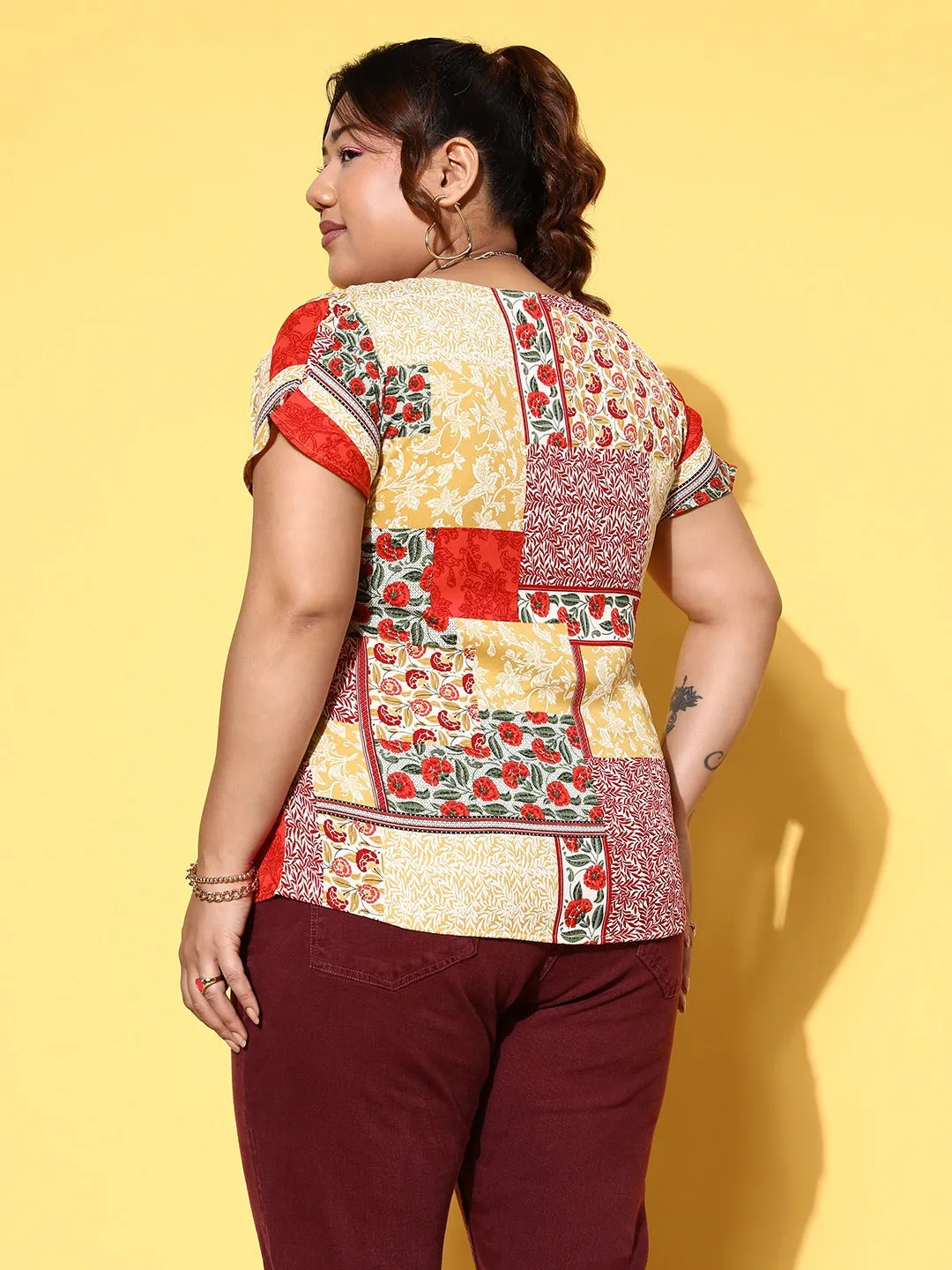 Berrylush Women Plus Size Red & Yellow Floral Printed Round Neck Slip-On Polyester Regular Top