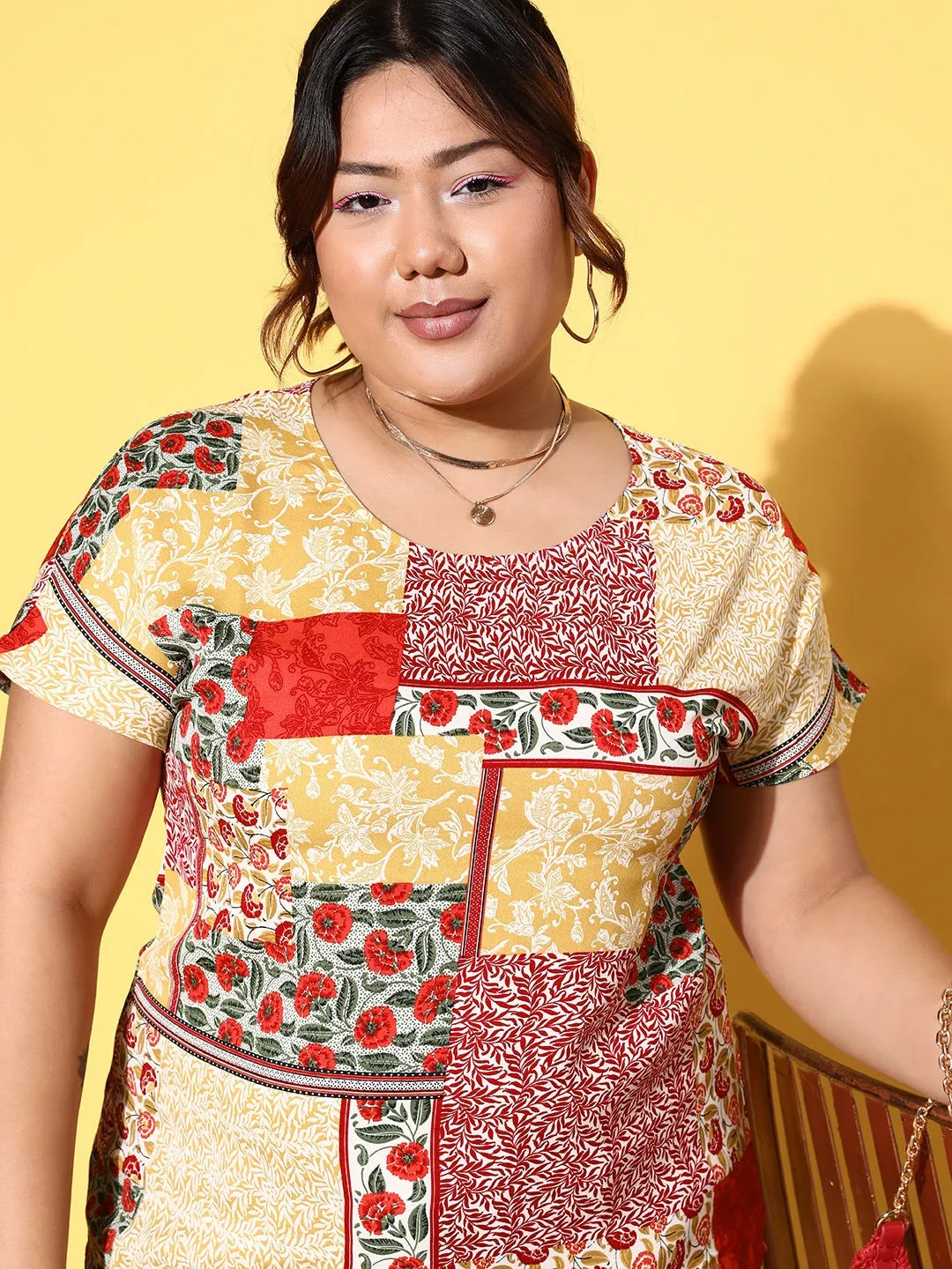 Berrylush Women Plus Size Red & Yellow Floral Printed Round Neck Slip-On Polyester Regular Top