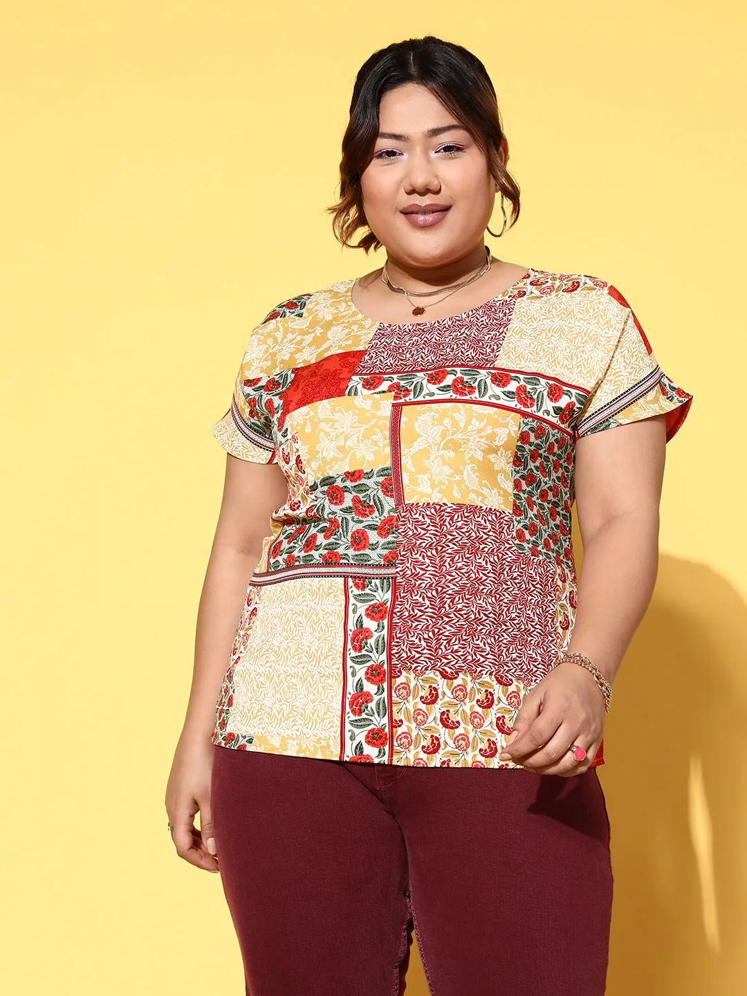Berrylush Women Plus Size Red & Yellow Floral Printed Round Neck Slip-On Polyester Regular Top