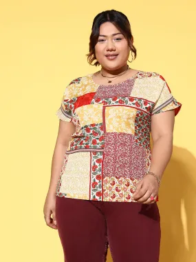 Berrylush Women Plus Size Red & Yellow Floral Printed Round Neck Slip-On Polyester Regular Top