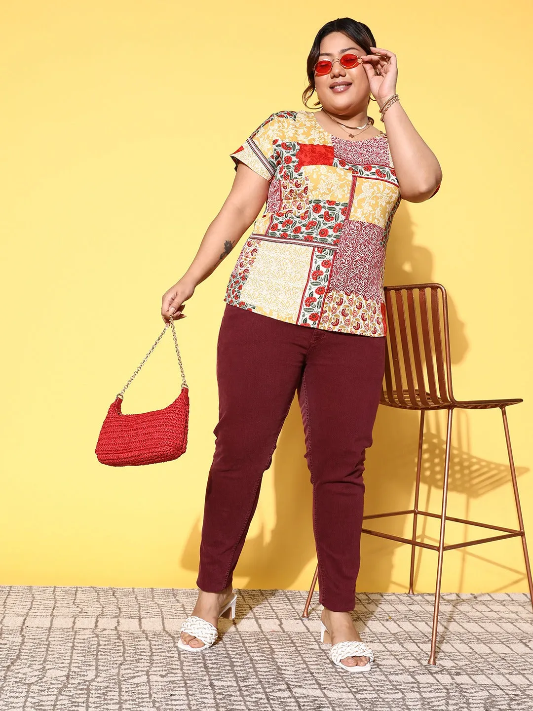 Berrylush Women Plus Size Red & Yellow Floral Printed Round Neck Slip-On Polyester Regular Top