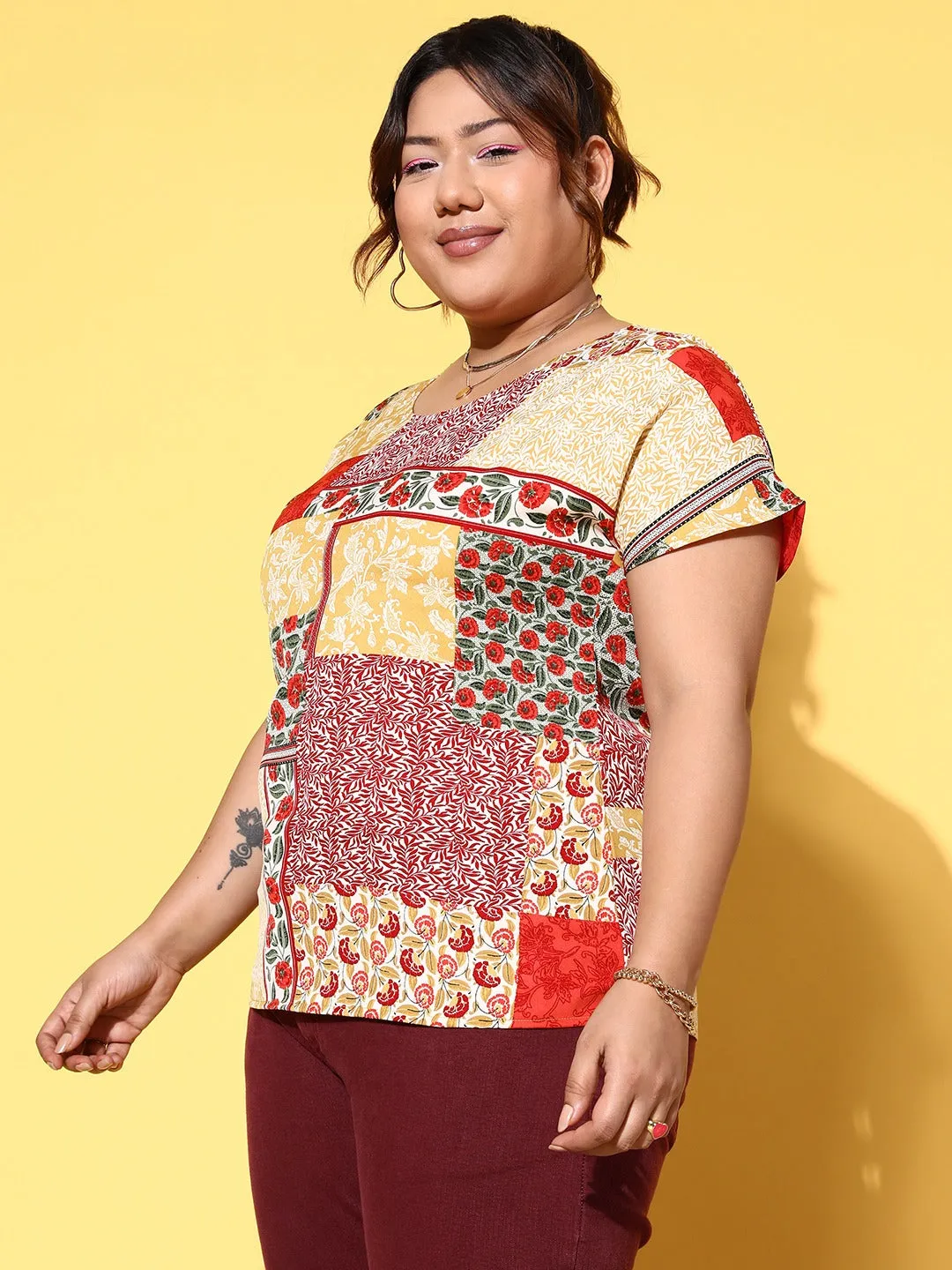 Berrylush Women Plus Size Red & Yellow Floral Printed Round Neck Slip-On Polyester Regular Top