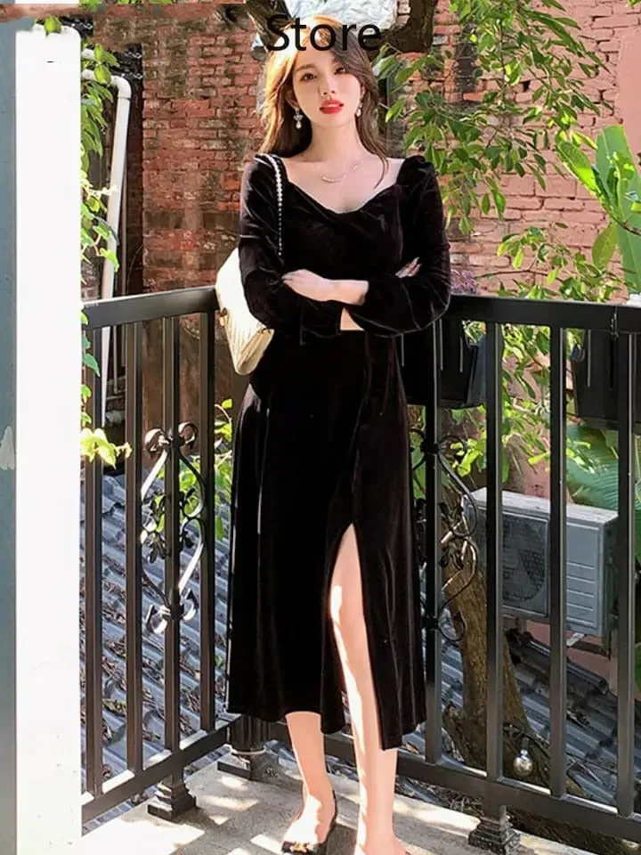 Black Elegant Velvet Dress Women Vintage Casual Party Long Split Dress S S5063699
