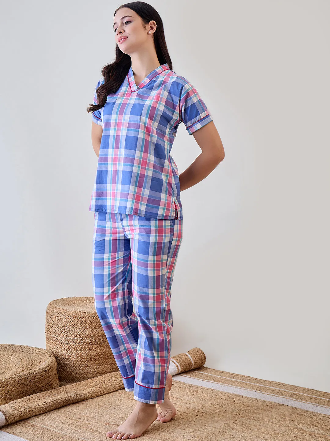 Blue and Pink Checkered Cotton Pyjama Set