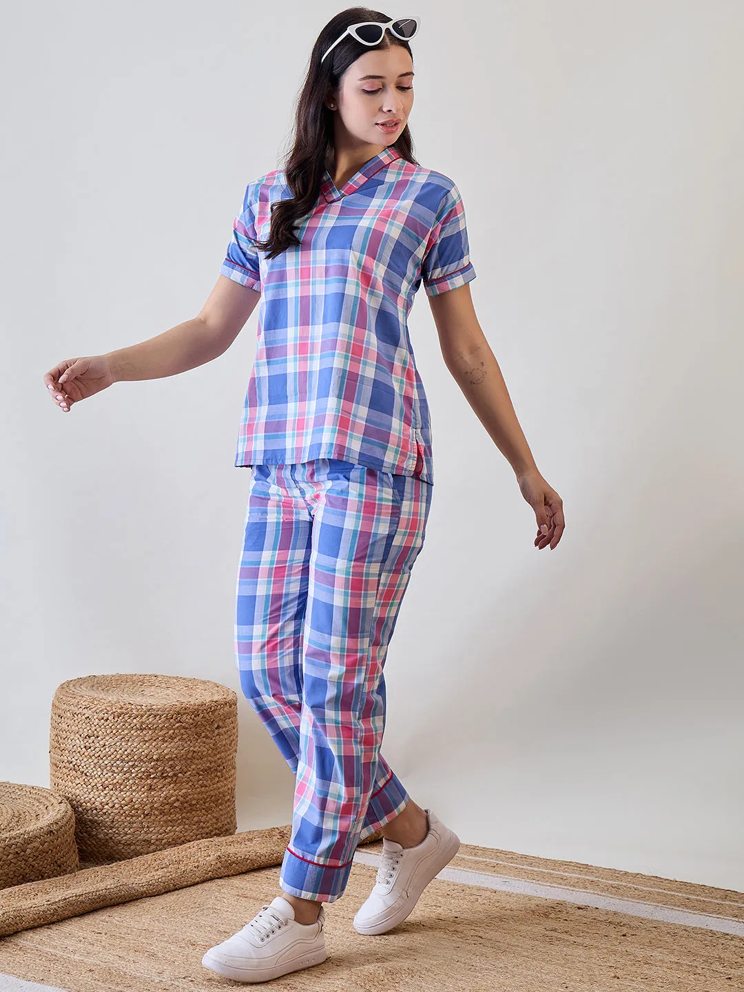 Blue and Pink Checkered Cotton Pyjama Set