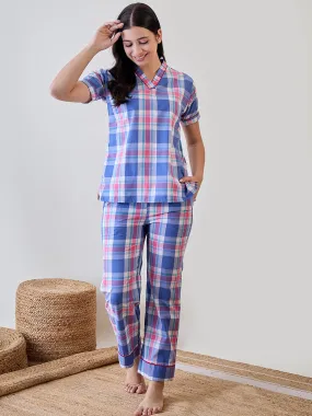 Blue and Pink Checkered Cotton Pyjama Set