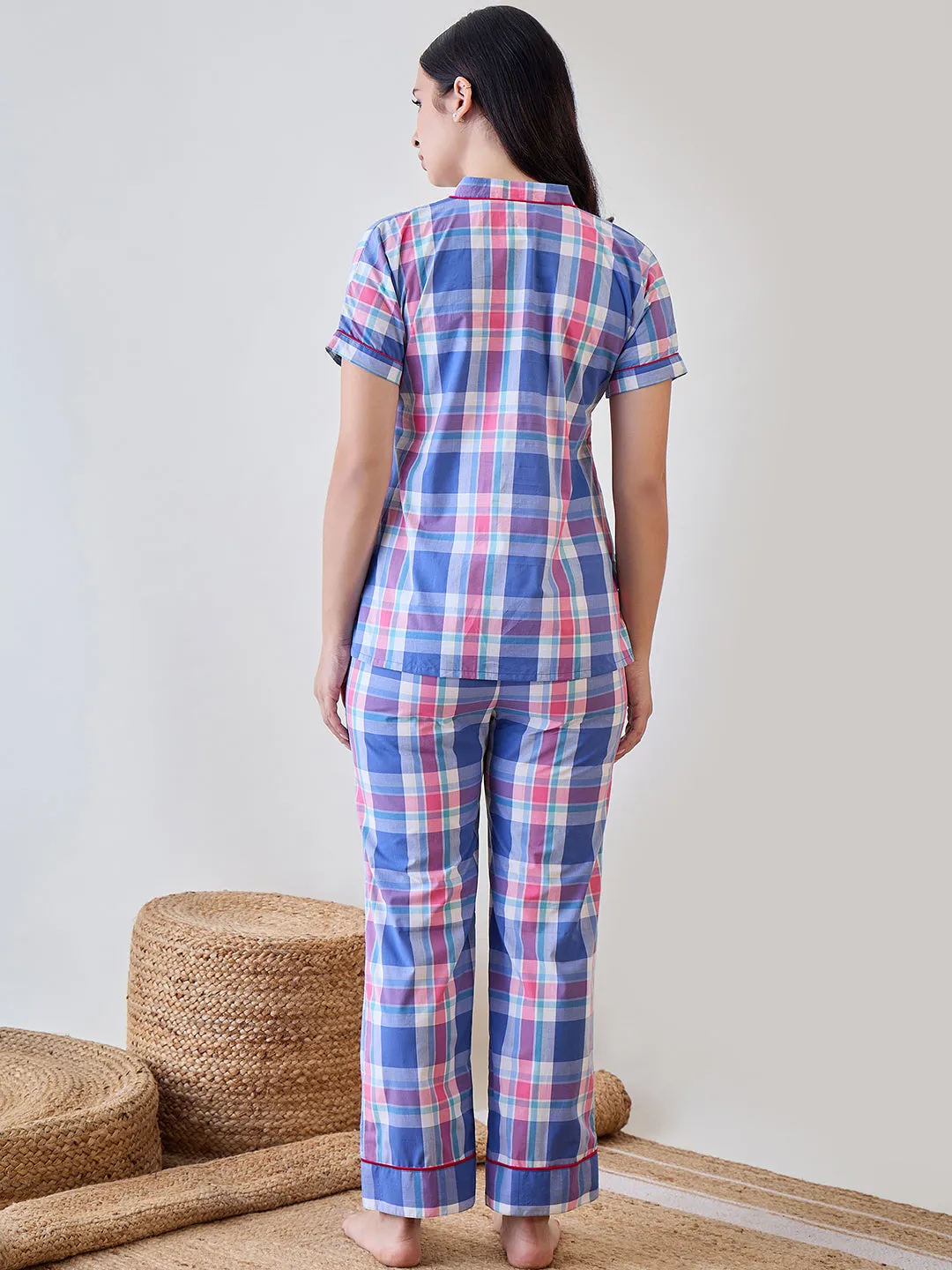 Blue and Pink Checkered Cotton Pyjama Set