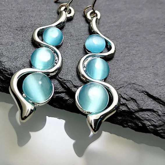Bohemian Curved Wavy Earrings with Hylan Cat's Eye Gemstone