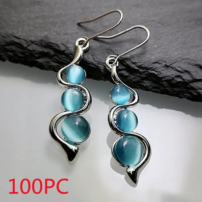 Bohemian Curved Wavy Earrings with Hylan Cat's Eye Gemstone