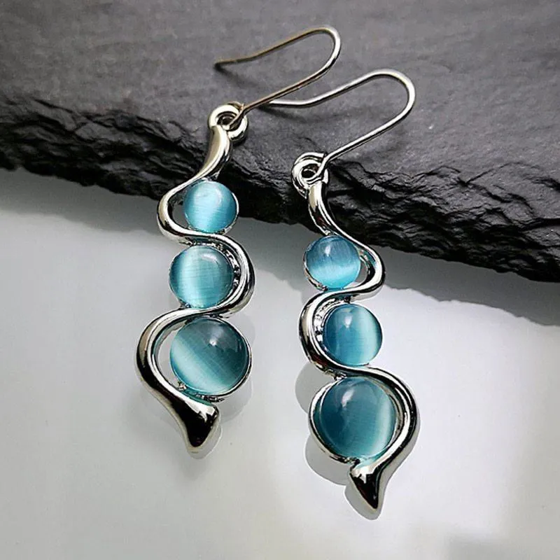 Bohemian Curved Wavy Earrings with Hylan Cat's Eye Gemstone