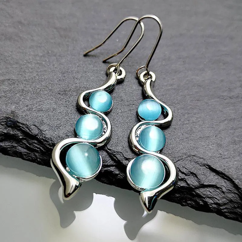 Bohemian Curved Wavy Earrings with Hylan Cat's Eye Gemstone