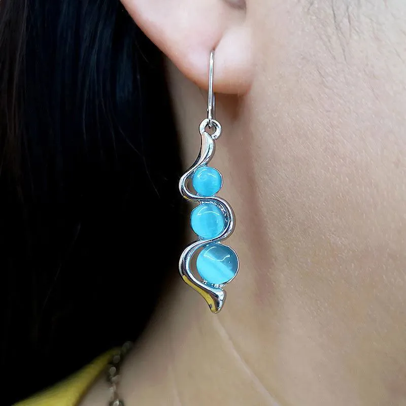 Bohemian Curved Wavy Earrings with Hylan Cat's Eye Gemstone