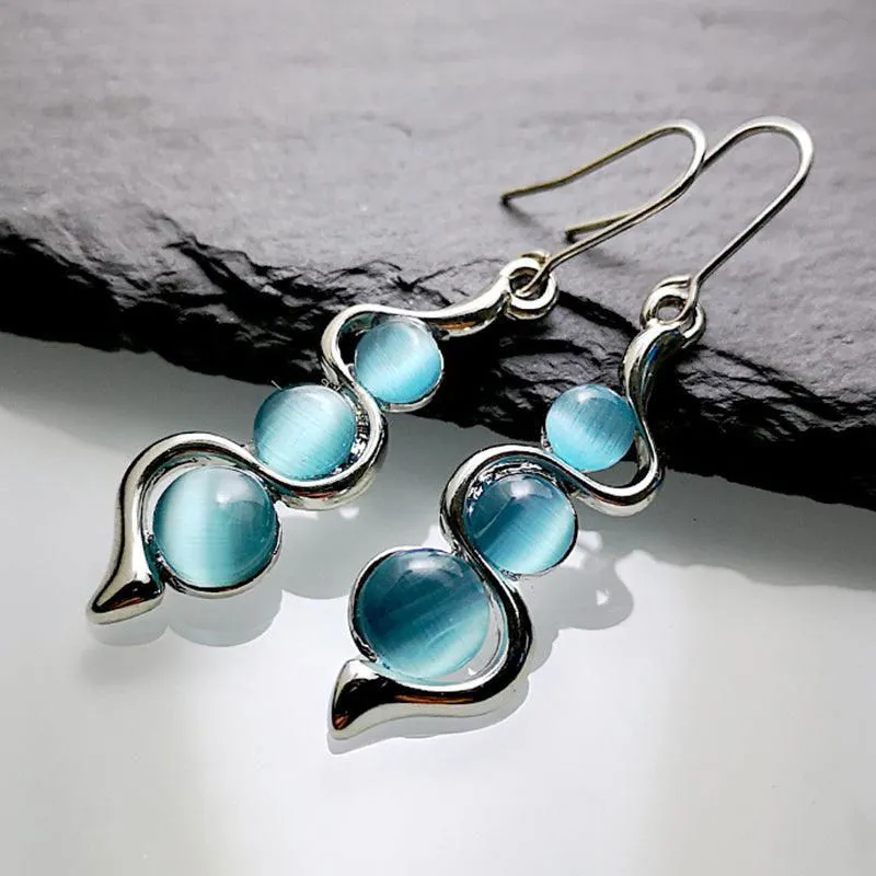 Bohemian Curved Wavy Earrings with Hylan Cat's Eye Gemstone