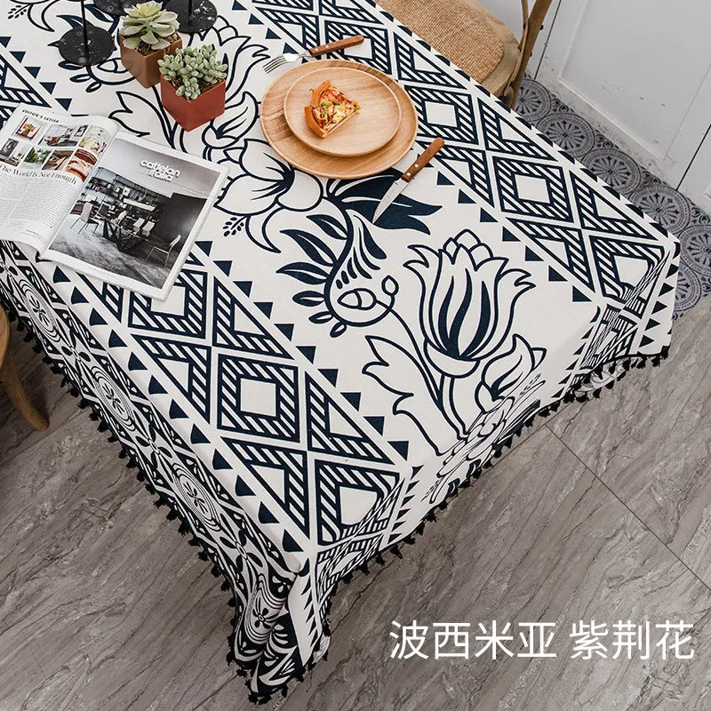 Bohemian Tablecloth Cotton Linen Disposable Fabric Ethnic Style Tassel Rectangular Tassel Tablecloth Waterproof and Oil-Proof