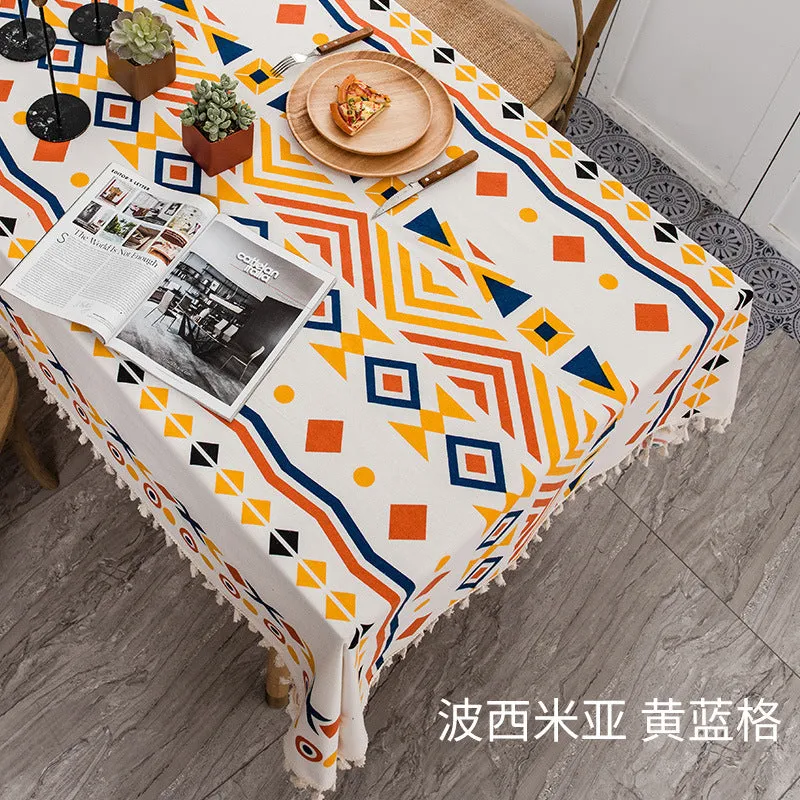 Bohemian Tablecloth Cotton Linen Disposable Fabric Ethnic Style Tassel Rectangular Tassel Tablecloth Waterproof and Oil-Proof