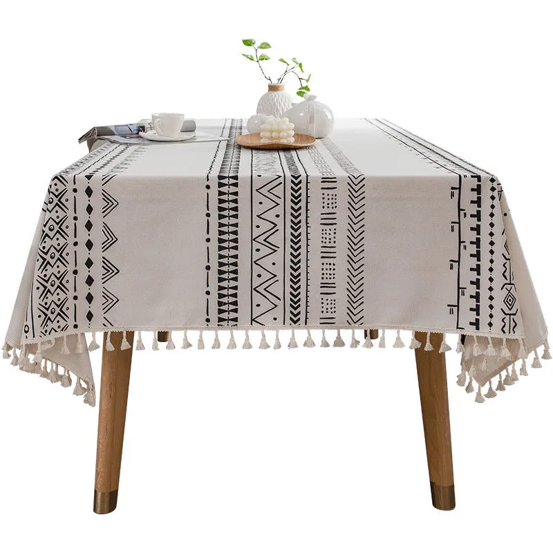 Bohemian Tablecloth Cotton Linen Disposable Fabric Ethnic Style Tassel Rectangular Tassel Tablecloth Waterproof and Oil-Proof