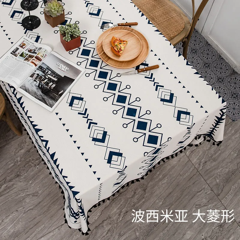 Bohemian Tablecloth Cotton Linen Disposable Fabric Ethnic Style Tassel Rectangular Tassel Tablecloth Waterproof and Oil-Proof