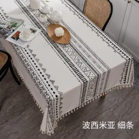 Bohemian Tablecloth Cotton Linen Disposable Fabric Ethnic Style Tassel Rectangular Tassel Tablecloth Waterproof and Oil-Proof