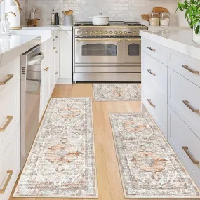 Boho Kitchen Rug Set of 3 - Non-Skid, Machine Washable, Light Brown