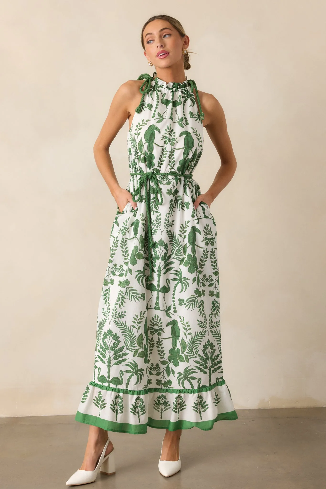 Breeze Through Paradise 100% Cotton Green Tropical Print Maxi Dress