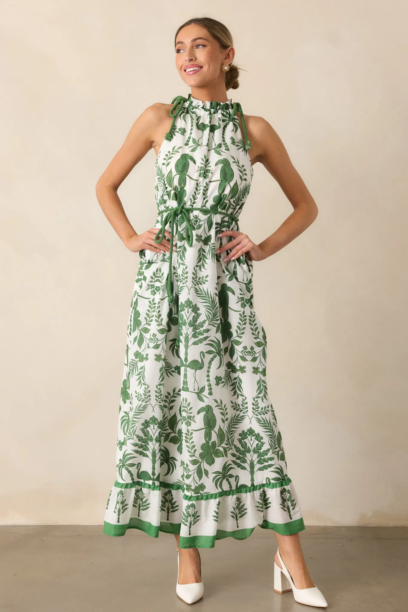 Breeze Through Paradise 100% Cotton Green Tropical Print Maxi Dress