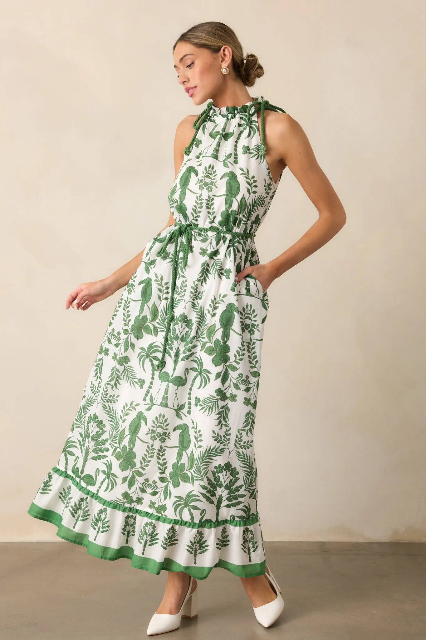 Breeze Through Paradise 100% Cotton Green Tropical Print Maxi Dress