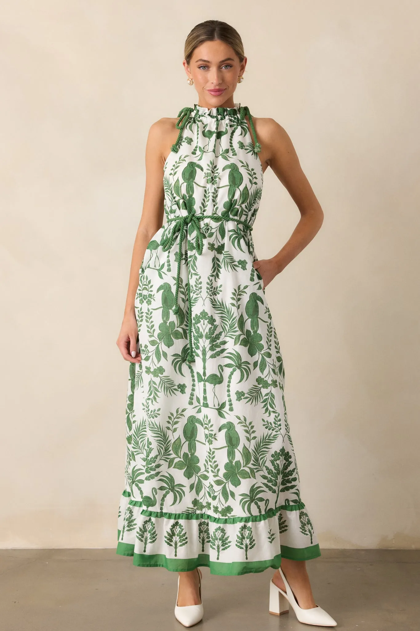 Breeze Through Paradise 100% Cotton Green Tropical Print Maxi Dress